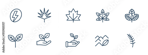 Set of Thin Line Icons Representing Nature and Energy Concepts Keywords: nature, energy, electricity, lightning bolt, leaf