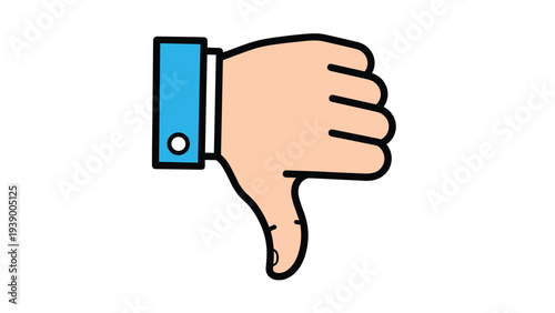 Hand showing thumbs down gesture with blue sleeve cuff representing dislike disapproval or rejection on white background.