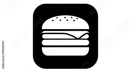 Stylized Burger Icon with Cheese and Sesame Seed Bun, Black Background