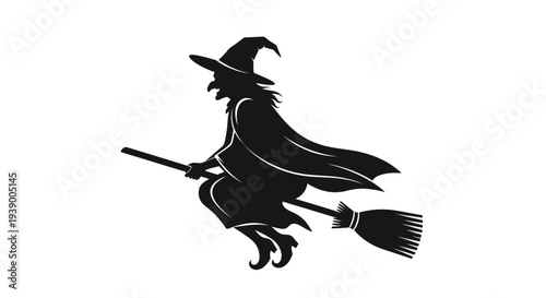 Witch on a broomstick flying.
