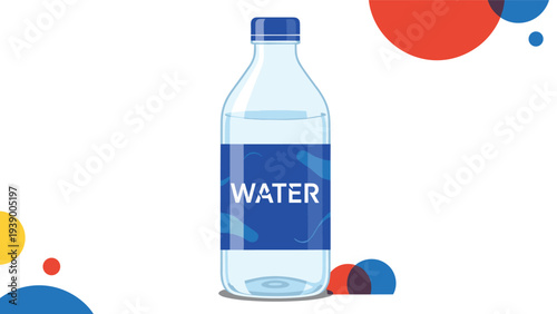Clear plastic water bottle with blue label and name against a white background with decorative colorful circle shapes.