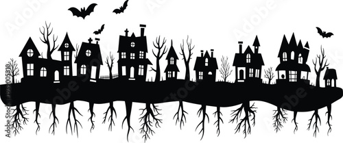 Spooky Halloween Silhouette Village with Upside Down Roots and Bats Flying Keywords: Halloween, village, silhouette, spooky