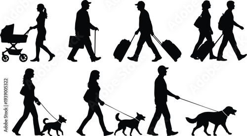 Silhouettes of everyday activities, people walking, baby stroller, suitcase travel, dog walking, urban lifestyle, commuting icons, leisure illustration, diverse figures