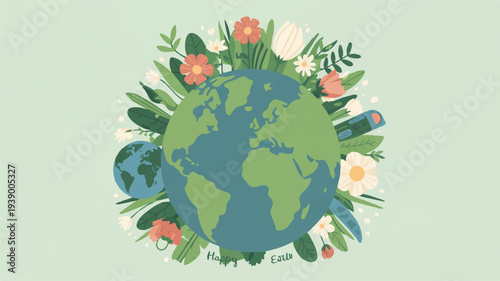 Earth surrounded by lush greenery and vibrant flowers on a soft green background symbolizing nature and eco friendliness with a floral wreath representing environmental