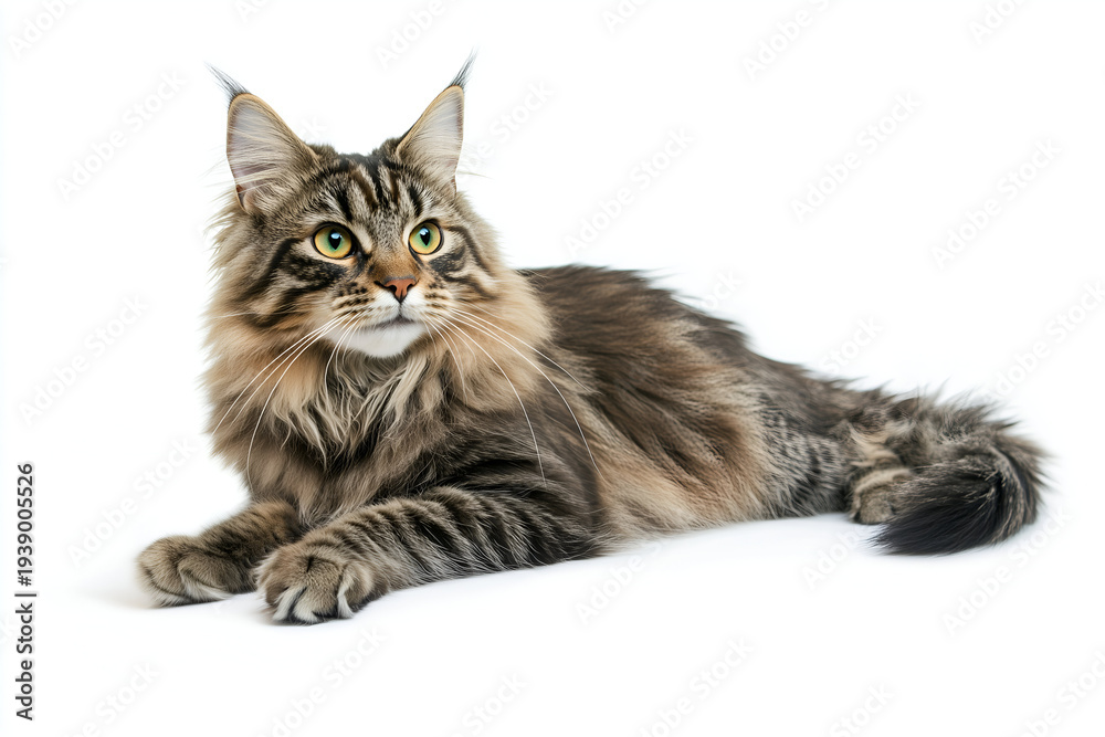 Fototapeta premium Large Maine Coon cat lying down and looking away isolated on white background