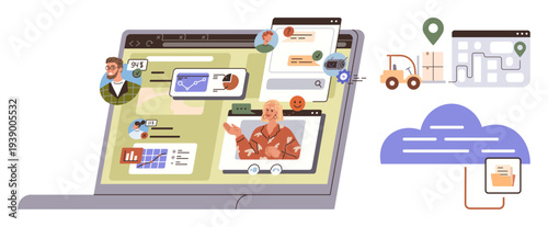 Online teamwork, remote business management, logistics planning, video conferencing, data sharing, communication systems. A laptop displaying various remote team and logistics tools. Remote business