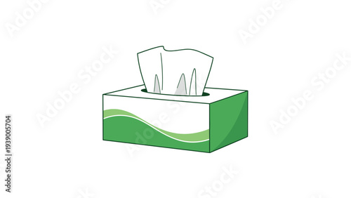 Cardboard tissue box with a decorative green wave pattern containing white paper tissues on a plain white background for hygiene.