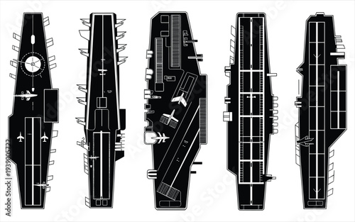 Aircraft Carrier Silhouettes Top View Blueprint Style Vector Illustration