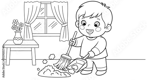 Young Boy Sweeping Floor with Broom.