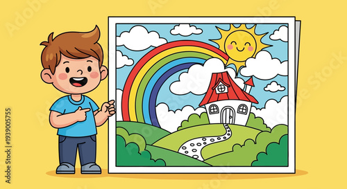 Boy holding colorful picture frame.