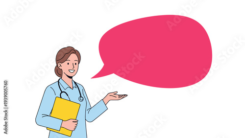 Female medical professional or doctor in blue scrubs holding a clipboard with a large pink speech bubble for health advice.