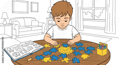 Boy Playing Puzzle Pieces on Table.