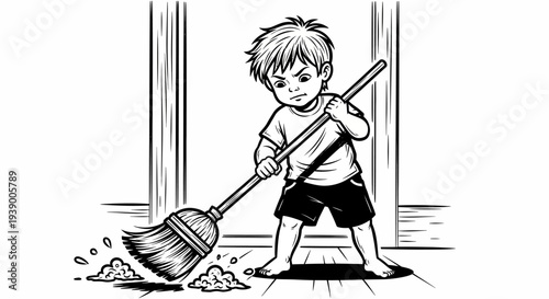 Young Boy Sweeping Floor with Broom.