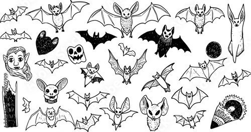 Hand-drawn Halloween Bats Doodle Collection - Spooky Black  White Line Art Illustrations for Nature, Fantasy, and Gothic Designs.