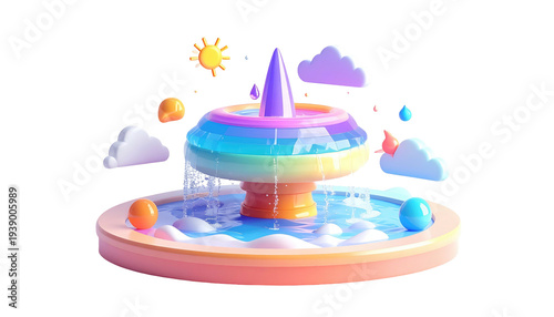 A vibrant, cartoon-style fountain with rainbow hues, sun, and clouds