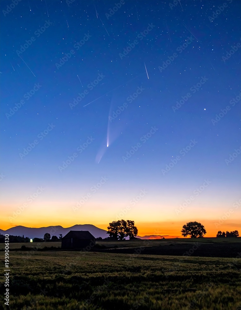 Fototapeta premium Comet streaks across the predawn sky above a rural landscape