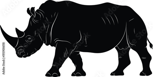 Rhinoceros, silhouette, cad, drawing, flat, vector, illustration, safari, animal, rhinoceros, rhino, wildlife, africa, nature, horn, black, standing, isolated, mammal, wild