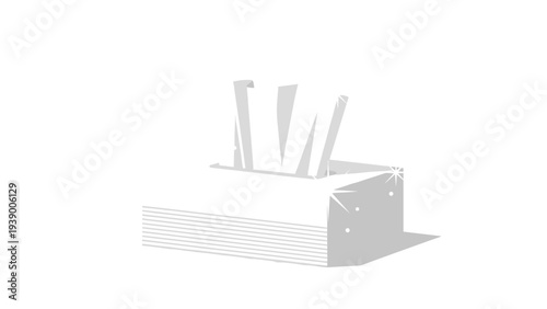 Pure white tissue box with several white paper tissues sticking out and decorative white star sparkles for clean hygiene products.