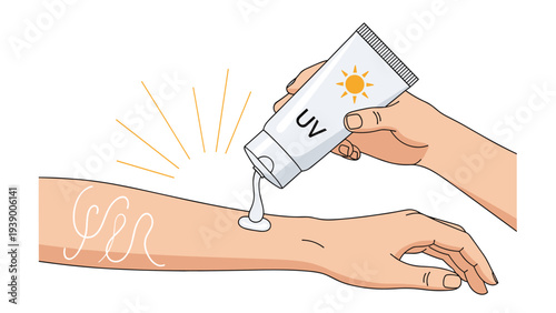 Hands applying white sunscreen cream from a tube with uv sun icon onto an arm against a sunny background for skin protection.
