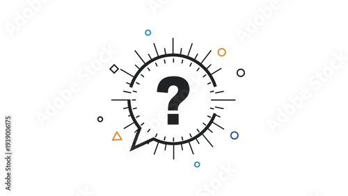 Black question mark inside a white circular speech bubble with decorative geometric shapes and thin black lines for support.