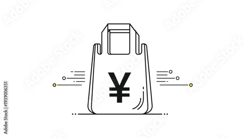 Simple white plastic shopping bag with a black japanese yen currency symbol and decorative background lines for retail shopping.