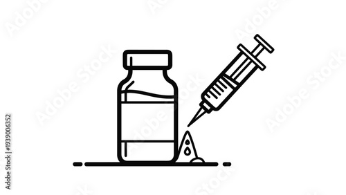 Black line art illustration of a medical syringe and a vial bottle containing liquid medicine or vaccine for immunization.