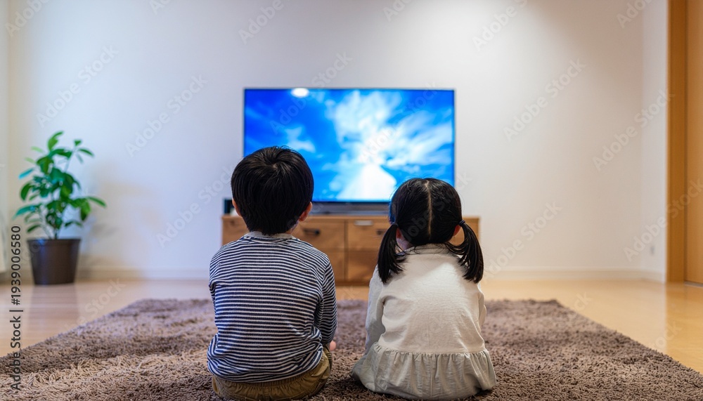 Naklejka premium テレビを観る幼い兄弟の後ろ姿のイメージ画像