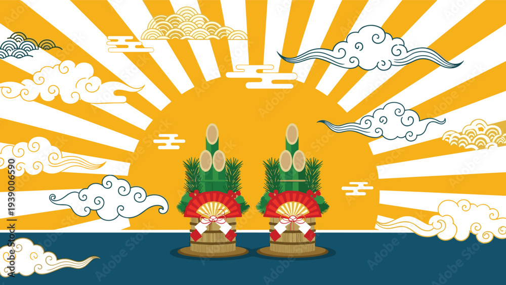 Fototapeta premium Traditional japanese new year celebration illustration featuring kadomatsu decorations sunrise clouds and ocean waves.