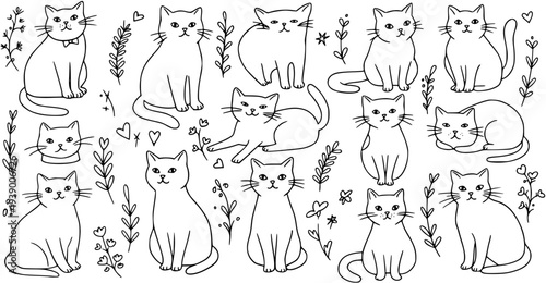 Black and White Line Art Cute Cats, Animals, Vector Illustration