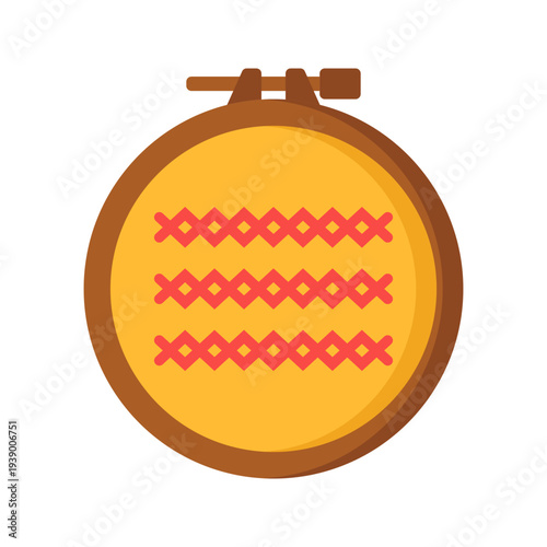 Embroidery Hoop Flat design style, round wooden embroidery frame with stitched fabric symbolizing needlework ideal for sewing tutorials textile crafts and hobby graphics.