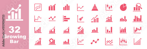 Growing graphic chart icon set of 32, design element suitable for websites, print design or app. Growth icon set. Containing arrow up, growing graph, business chart icons. Vector illustration.