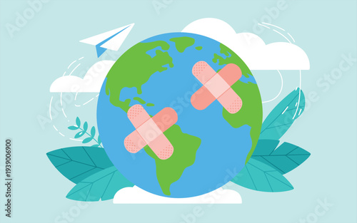 Wounded Planet Earth with Bandages and Paper Airplane Illustration