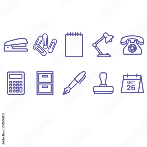 Set of office supplies and stationery items neatly arranged on a flat surface, viewed from directly above