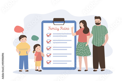 Parents and kids. Family rules, mother and father tell son, daughter about rules in home. Huge checklist, little brother and sister, parenthood and relationships.