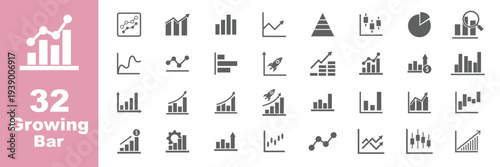Growth icon set multiple style collection. Growing bar graph icon set. Graphics and statistics icons. Collection of simple linear web icons, line charts, bar charts, pie charts.  Growth success arrow