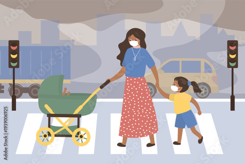 African american mother with children cross road at crosswalk. Group of people wearing face masks for air pollution walking through fumes and smog