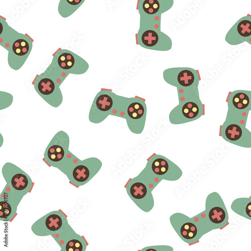 Joystick, seamless pattern. Texture, wallpaper template, playing video game. Gameplay technology on PC computer or console. Gaming, pattern on white background. Videogame,