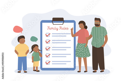 Parents and kids. Family rules, mother and father tell son, daughter about rules in home. Huge checklist, little brother and sister, parenthood and relationships.