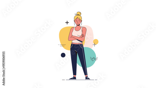 Illustration of a woman standing with arms crossed wearing a white top and dark pants against abstract background.