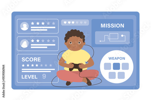 Kid player hold joystick. Process of playing video game. Gameplay, menu on screen. Technology on PC computer or console. Gaming, concept banner. Videogame on screen. F