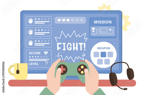 Player's hands hold joystick. Process of playing a video game. Gameplay technology on PC computer or console. Gaming, concept banner. Videogame on screen. Equipment of gamers.