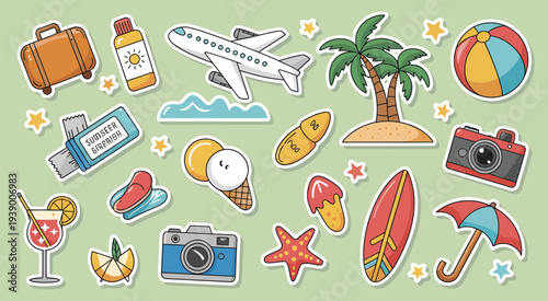 Tropical Beach Summer Card Set with Sand, Sea and Palm Trees, Starfish, Flip Flops and Beach Umbrellas – Colorful Vacation Flyer Templates for Holiday Party Invitations, Travel Posters and Coastal Eve