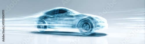 Futuristic car graphic, light trails indicate speed, transparent, cool blue tones, studio shot