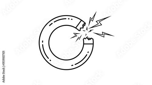 Broken circular fluorescent tube light bulb showing electrical sparks and flashes at the point of fracture representing a dangerous failure.