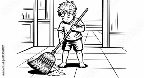 Little boy holding a broom cleaning.
