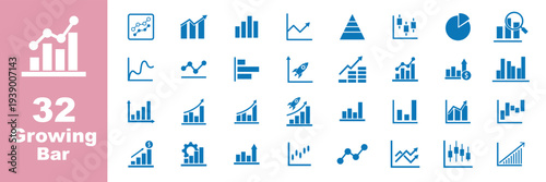 Growth icon set multiple style collection. Growing bar graph icon set. Graphics and statistics icons. Collection of simple linear web icons, line charts, bar charts, pie charts.  Growth success arrow