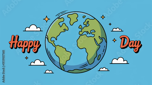 Happy earth day illustration with globe clouds and sparkles on blue background celebrating environmental awareness and sustainability