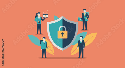 Shield with lock and business people.