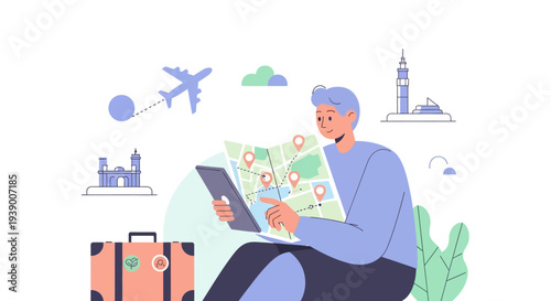 Man planning travel with map tablet.