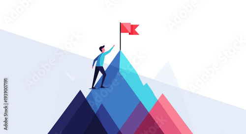 Man standing on mountain peak with flag.